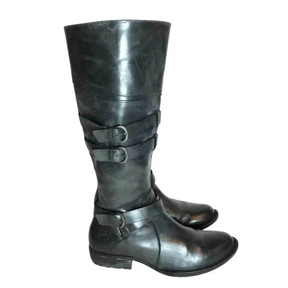 BORN Black Leather Tall Knee High Wide Calf Boot Womens 7 Side Zip - Picture 1 of 10
